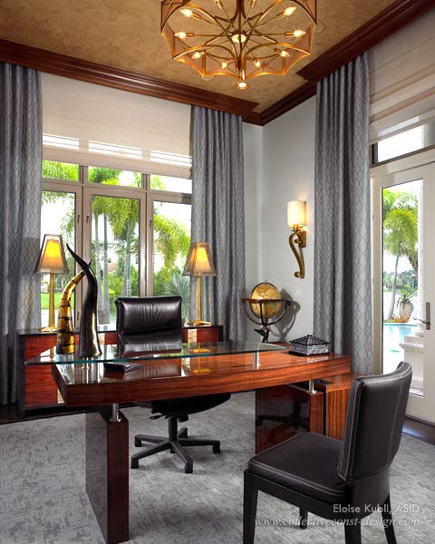 With calming colors and exotic finishes (i.e. macassar ebony, santos rosewood and gold leaf), this office is a pleasure in which to work. The blue metallic faux finish walls complement the custom swimming pool and Lake just beyond the French doors.