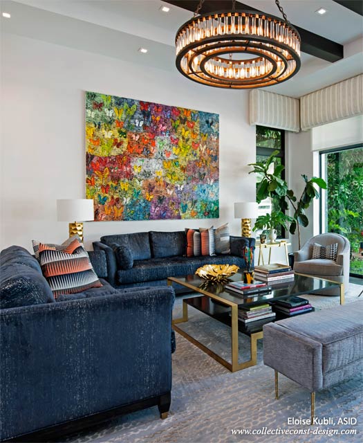 The home owner’s artwork was a determining factor in both the layout and color scheme of the room. Featuring a work from Hunt Slonem’s <em>Butterflies</em> series, Eloise notes that one of her favorite quotes by the artist is “Butterflies are a sign of growth and change.” Privacy and sunlight are controlled by a Crestron motorized roller shade system.