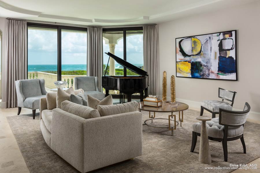 A loveseat in the form of a tête-à-tête is a uniquely relaxing furniture piece on which to gaze out at the water and linger in conversation. (Photo courtesy Collective  Construction & Design)