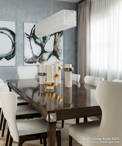 Sheers diffuse the neighboring view and are anchored by grey linen embroidered panels. White leather chairs surround the charcoal and polished nickel dining table.