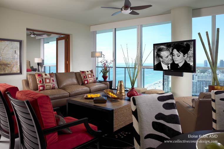 Using a clean, simple and open design concept, the living room exudes warmth and emphasizes natural textures and raw materials complemented with punches of bright color.