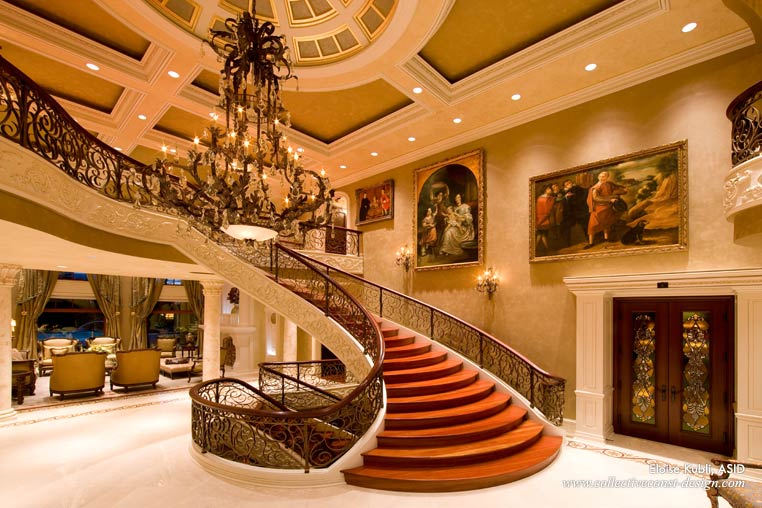 In the grand hall, sparkle reverberates off the Brazilian Cherry Jatoba hardwood banister and artwork from the Private Collection of Ebanista as the luster from the checkerboard pattern of brushed and polished Crema Marfil marble flooring leads the way through double library doors inset with McMow’s leaded art glass.