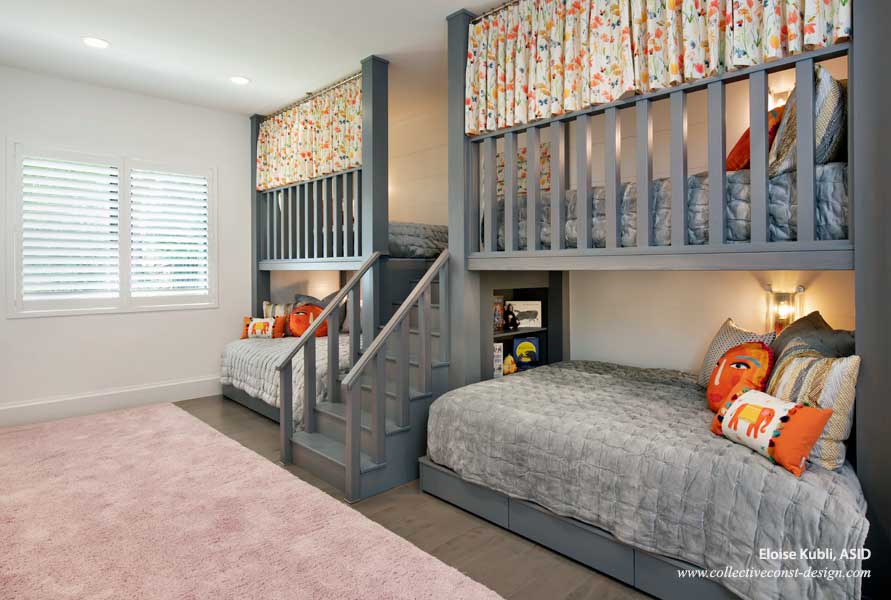 This bedroom is perfect for siblings or a child who enjoys hosting sleepovers. Space for this fully custom bunk bedroom and bath was provided by building an addition to the home. Two queen beds on the bottom and two extra-long twin beds up top provide ample sleeping space for the children.