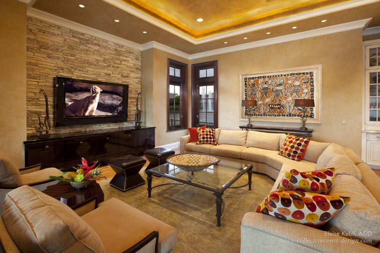 The eyes gravitate to the unique and expressive artwork in the family room. Made of mud cloth, this authentic native original from South Africa truly fits the bill for a cozy and inviting environment.