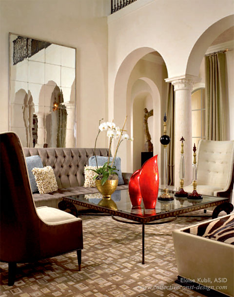 A living room with European inspired design.