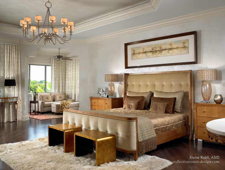 French Art Deco was Eloise Kubli’s inspiration for this 575-square-foot bedroom in Planation’s Hawks Landing. The walls and ceiling are given a romantic shine with LusterStone, a faux finish that shimmers when the lights are low.