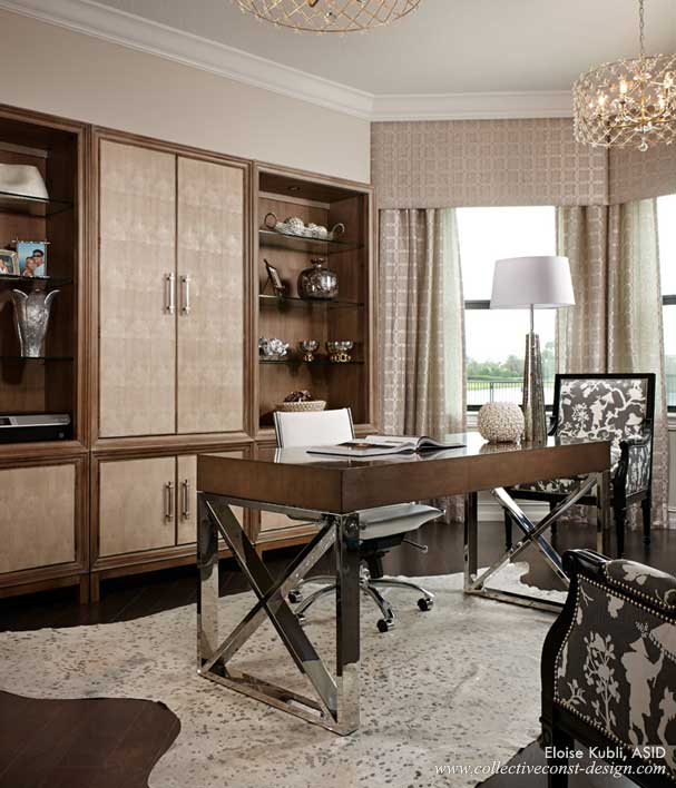 Grounded by the metallic hide rug, the polished chrome and lacquered desk adds an elegant space in which to work. Chinoiserie and geometric prints add an element of surprise to the transitional interior.