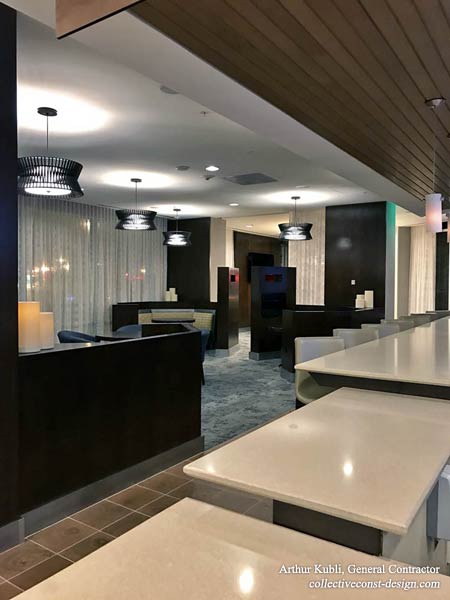 The build-out included a full service bar. Media Pods are seen in the background.