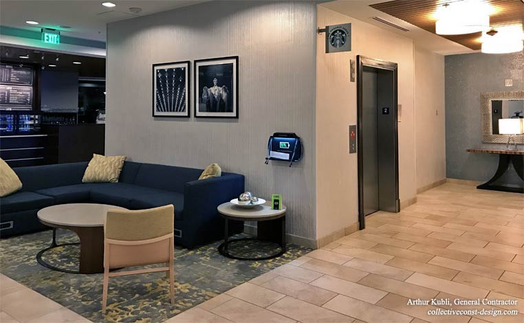 As part of the renovation, The Bistro, Lobby Seating, and elevator areas were completely rebuilt by Collective Contruction and Design.