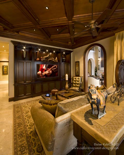 A wood coffered ceiling makes the room sophisticated and cozy and also makes the Family Room and Kitchen flow together. The existing drywall ceiling had height variations.