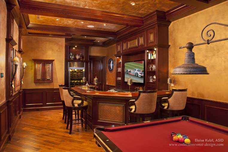 Beams add  interest to this gaming room ceiling. (Courtesy of Collective  Construction & Design)