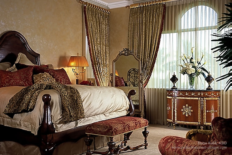 An oversize mattress and silk bedding and draperies help turn this bedroom into a luxurious retreat. Animal prints add a touch of whimsy.