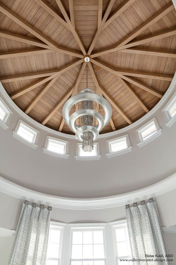 The 36-foot high oculus is the dramatic entry to the private master suite. The oculus chandelier is finished in silver leaf with six feet of Crystal beaded chains.
