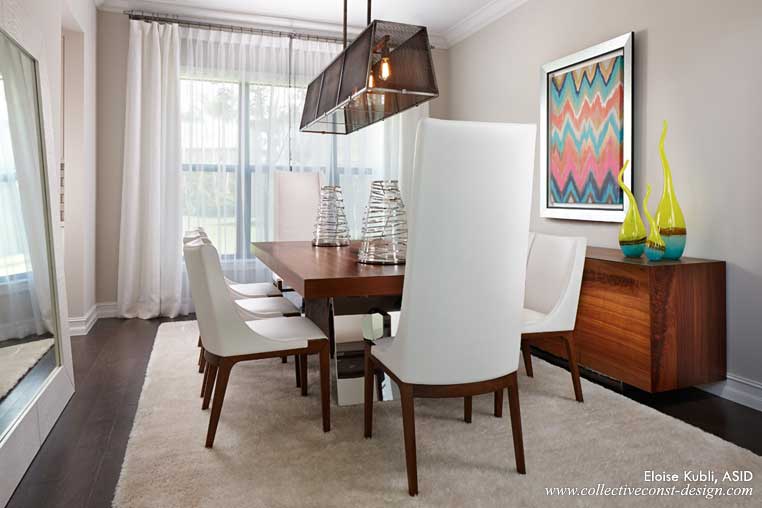 When properly positioned, rugs anchor and unify individual elements within a space, such as the dining table and chairs in this design by Eloise Kubli of Collective Construction & Design in Plantation.’Shag rugs are affordable, durable and give texture to the more modern space,’ Kubli says.