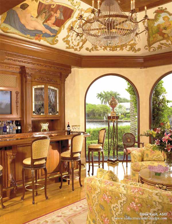 The highlight of the renovated space for entertaining in Boca Raton is a French mural painted by Bonnie Bleiweiss.